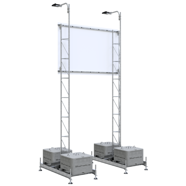 Monteringsanordning | til forskellige skiltest�rrelser | Skiltets m�l: 3,00 x 2,00 m best�ende af: | 2 x opstillingsramme, galvaniseret (varenr. 35350) | 4 x betons�t, 600 kg (varenr. 3F120) | 2 x gittert�rn, galvaniseret, 6150 mm (varenr. 353017) | 2 x skiltesokkel 3,00 x 2,00 m (varenr. 353330) | 4 x drejekobling, galvaniseret (varenr. 3F120-5) | med insektvenlig spotlampe, best�ende af: | 1 x spotlampeholder, galvaniseret (varenr. 3533H) | 1 x insektvenlig spotlampe, lysfarve: 3000 K (varenr. 3531S1IF) | 2 x drejekobling, galvaniseret (varenr. 3F120-5)